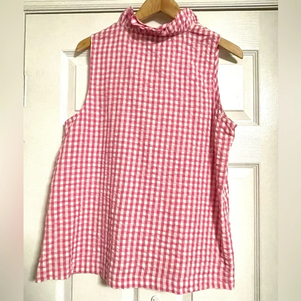 Crown & Ivy Pink Gingham Sleeveless Ruffle Neck Blouse XL - Picture 3 of 4